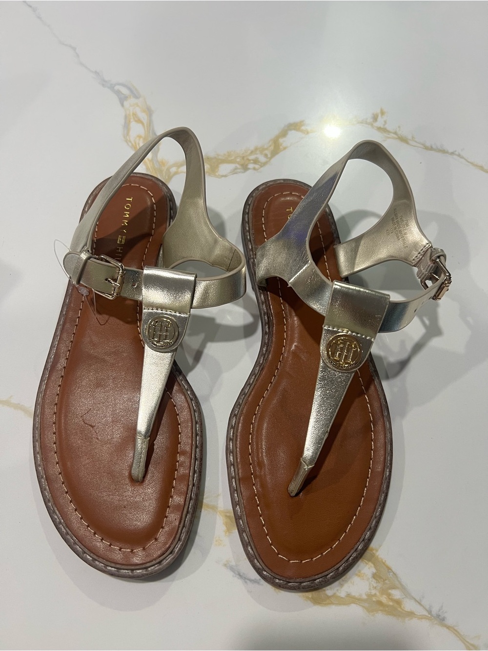 Tommy Hilfiger Metallic Silver T-Strap Slingback Sandals
